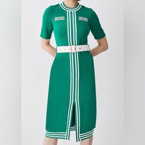 Belted navy blue and white shift dress